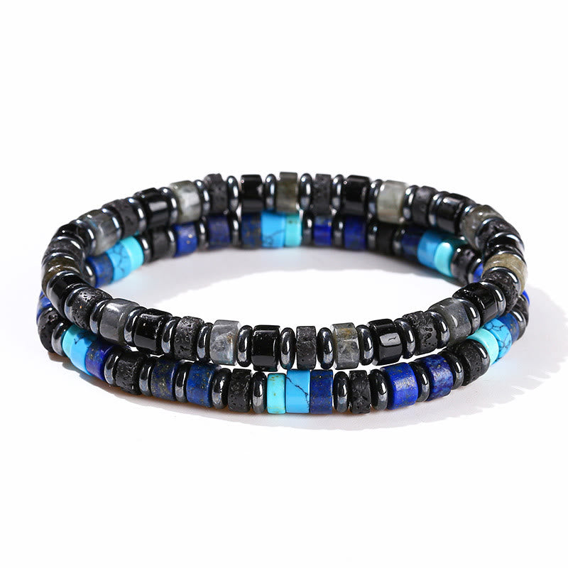 Pulsera de soporte con Buddha Stones, hematita, turquesa, lazurita, roca de lava y piedra negra brillante