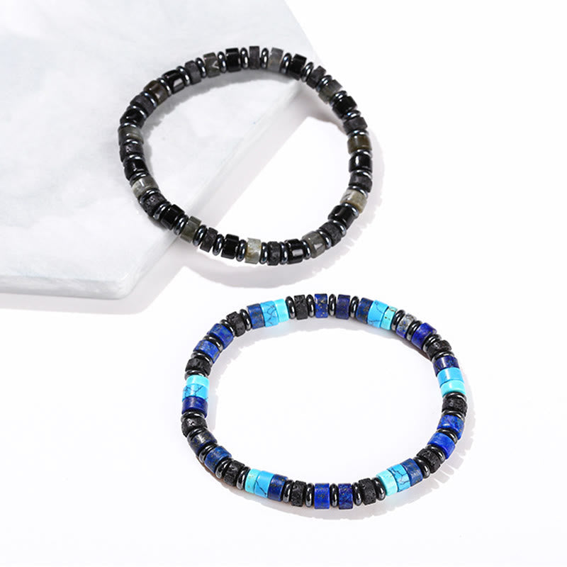 Pulsera de soporte con Buddha Stones, hematita, turquesa, lazurita, roca de lava y piedra negra brillante