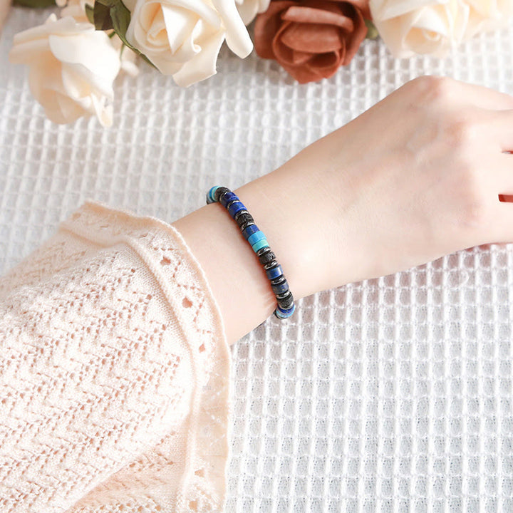 Pulsera de soporte con Buddha Stones, hematita, turquesa, lazurita, roca de lava y piedra negra brillante