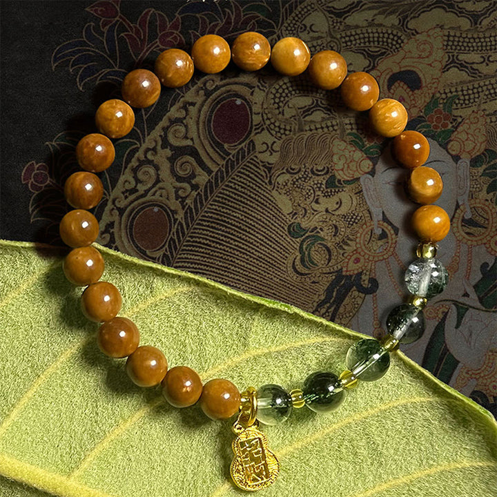 Pulsera de cuarzo rutilado con citrino fantasma verde y Buddha Stones, cristal Super Seven que atrae la confianza y la riqueza