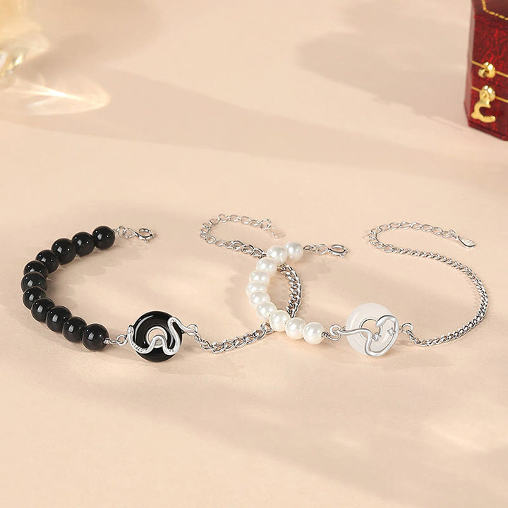Pulsera de pareja con Buddha Stones , obsidiana negra, ónix negro, calcedonia, hebilla de la paz, plata de ley 925, año de la serpiente, perla purificadora