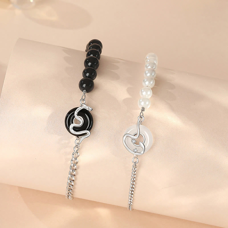 Pulsera de pareja con Buddha Stones , obsidiana negra, ónix negro, calcedonia, hebilla de la paz, plata de ley 925, año de la serpiente, perla purificadora