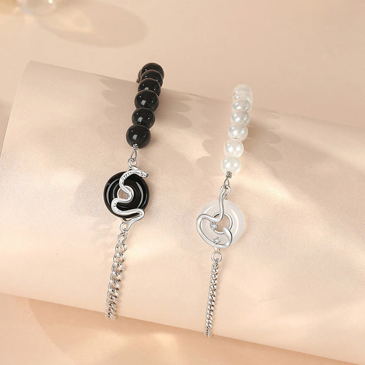 Pulsera de pareja con Buddha Stones , obsidiana negra, ónix negro, calcedonia, hebilla de la paz, plata de ley 925, año de la serpiente, perla purificadora