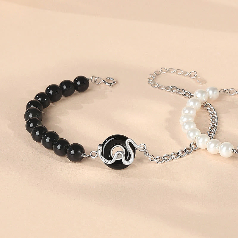 Pulsera de pareja con Buddha Stones , obsidiana negra, ónix negro, calcedonia, hebilla de la paz, plata de ley 925, año de la serpiente, perla purificadora
