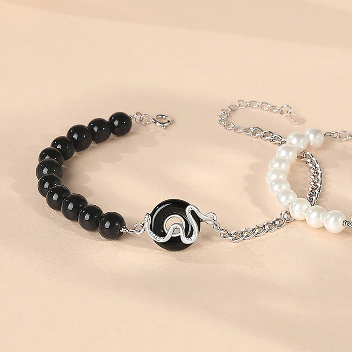 Pulsera de pareja con Buddha Stones , obsidiana negra, ónix negro, calcedonia, hebilla de la paz, plata de ley 925, año de la serpiente, perla purificadora
