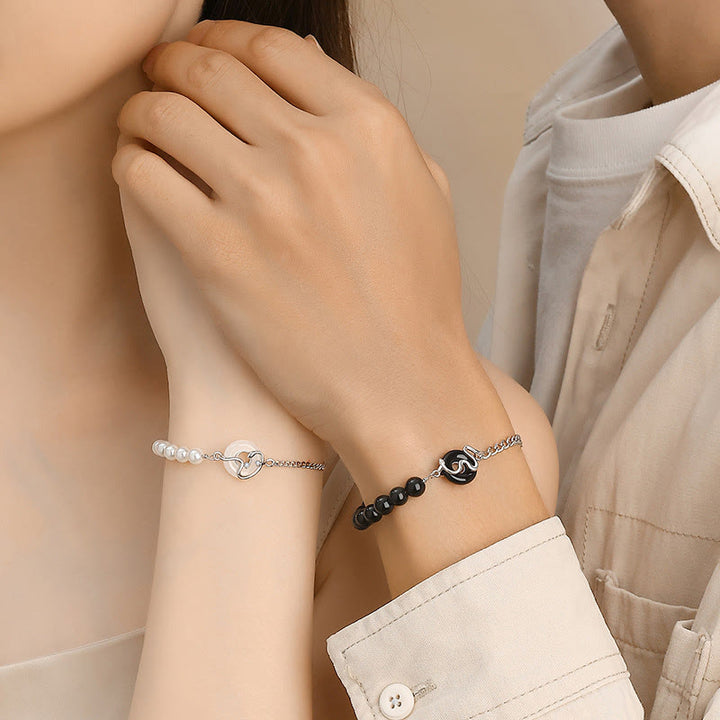 Pulsera de pareja con Buddha Stones , obsidiana negra, ónix negro, calcedonia, hebilla de la paz, plata de ley 925, año de la serpiente, perla purificadora