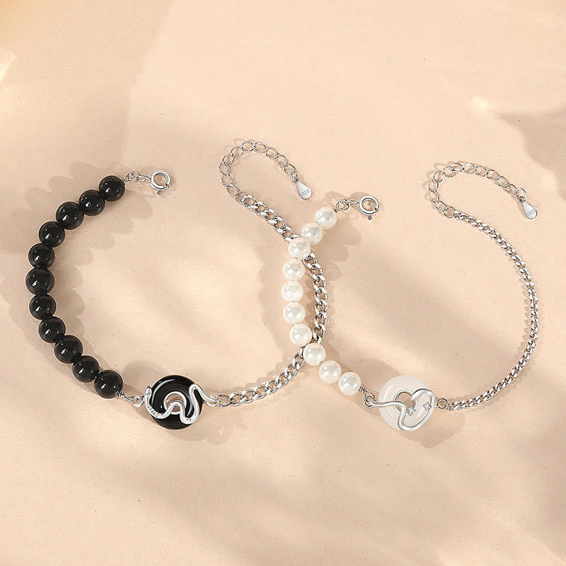 Pulsera de pareja con Buddha Stones , obsidiana negra, ónix negro, calcedonia, hebilla de la paz, plata de ley 925, año de la serpiente, perla purificadora
