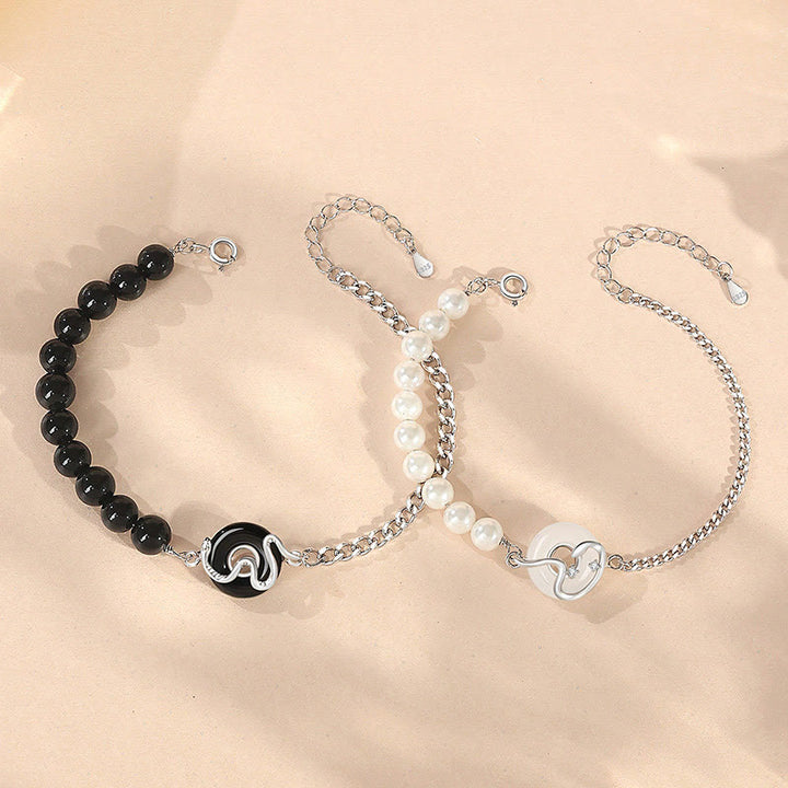 Pulsera de pareja con Buddha Stones , obsidiana negra, ónix negro, calcedonia, hebilla de la paz, plata de ley 925, año de la serpiente, perla purificadora