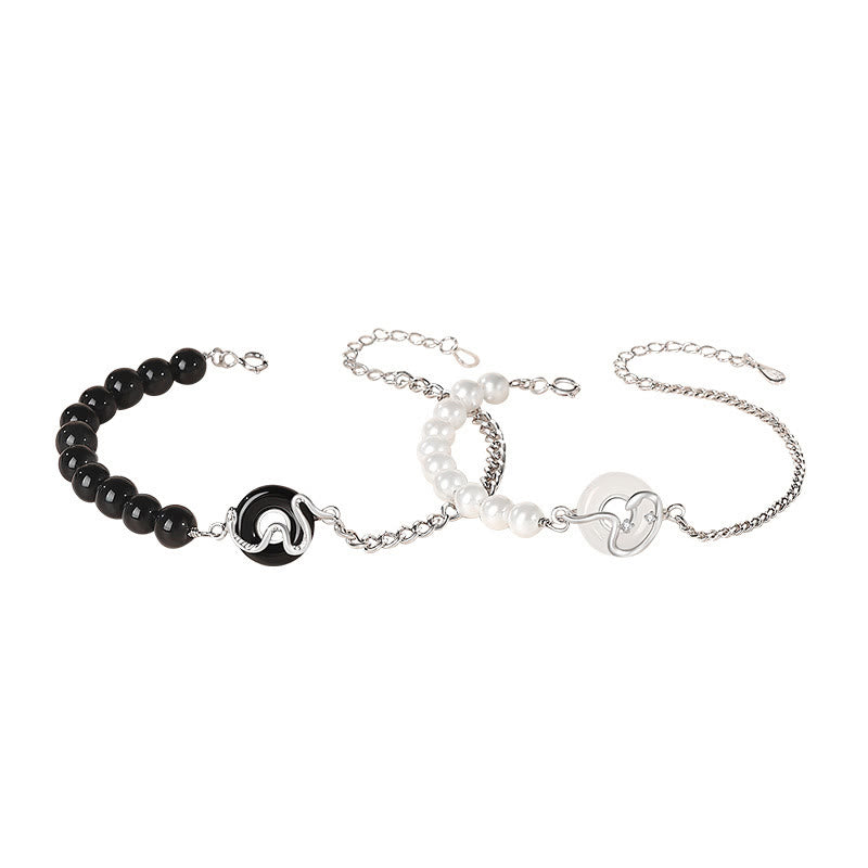 Pulsera de pareja con Buddha Stones , obsidiana negra, ónix negro, calcedonia, hebilla de la paz, plata de ley 925, año de la serpiente, perla purificadora