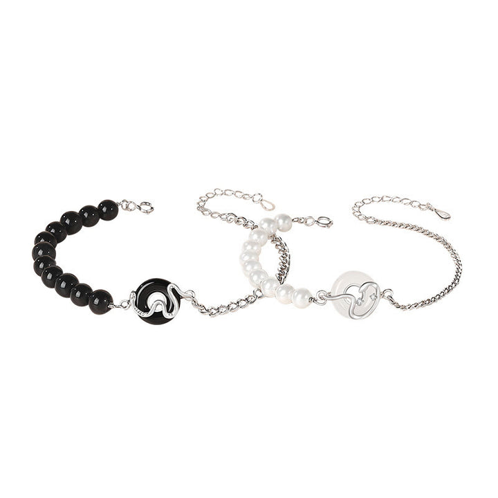 Pulsera de pareja con Buddha Stones , obsidiana negra, ónix negro, calcedonia, hebilla de la paz, plata de ley 925, año de la serpiente, perla purificadora