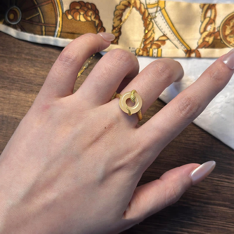 Anillo de armonía del año de la serpiente dorado en plata de ley 925 con hebilla de paz y calcedonia y Buddha Stones