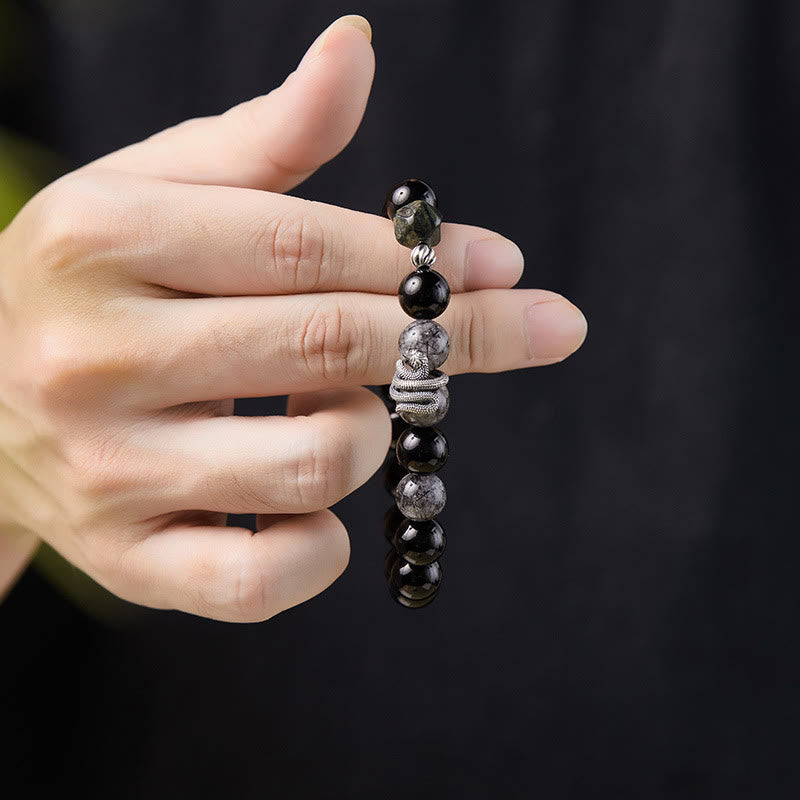 Pulsera de purificación del año de la serpiente en plata de ley 925 con obsidiana negra y cuarzo rutilado negro y Buddha Stones - image 2