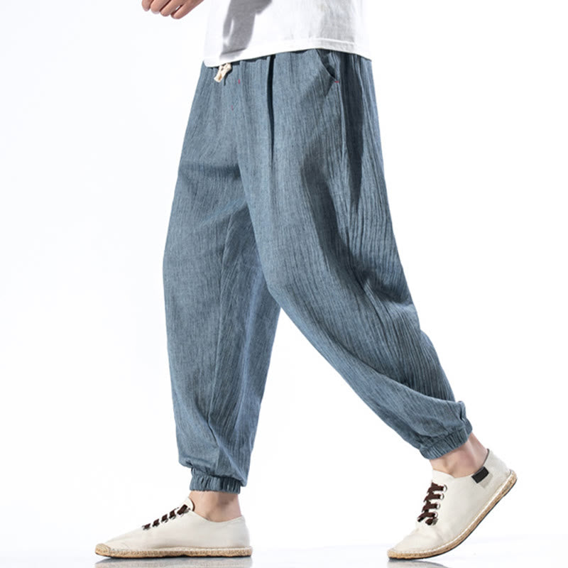 Pantalones de lino con cordón y bolsillos para hombre, de color liso, informales, con Buddha Stones - image 2