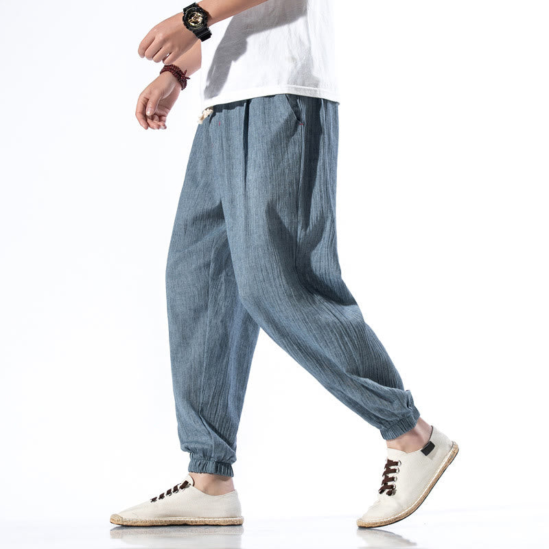 Pantalones de lino con cordón y bolsillos para hombre, de color liso, informales, con Buddha Stones - Azul acero - US/UK/AU46, EU56 (5XL) - image 0