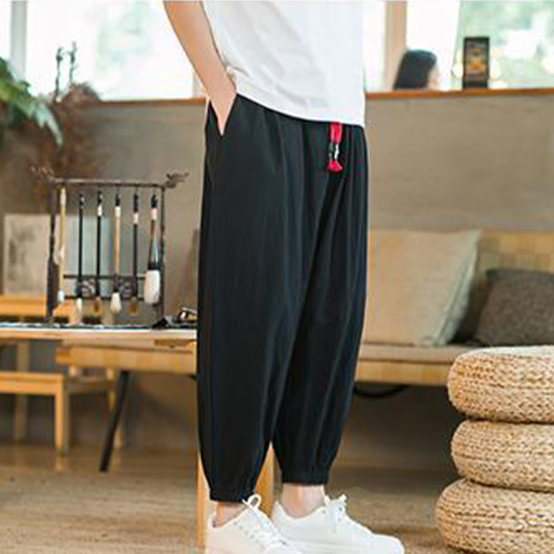 Pantalones de lino con cordón ajustable en color rojo liso y bolsillos para hombre con Buddha Stones - image 18