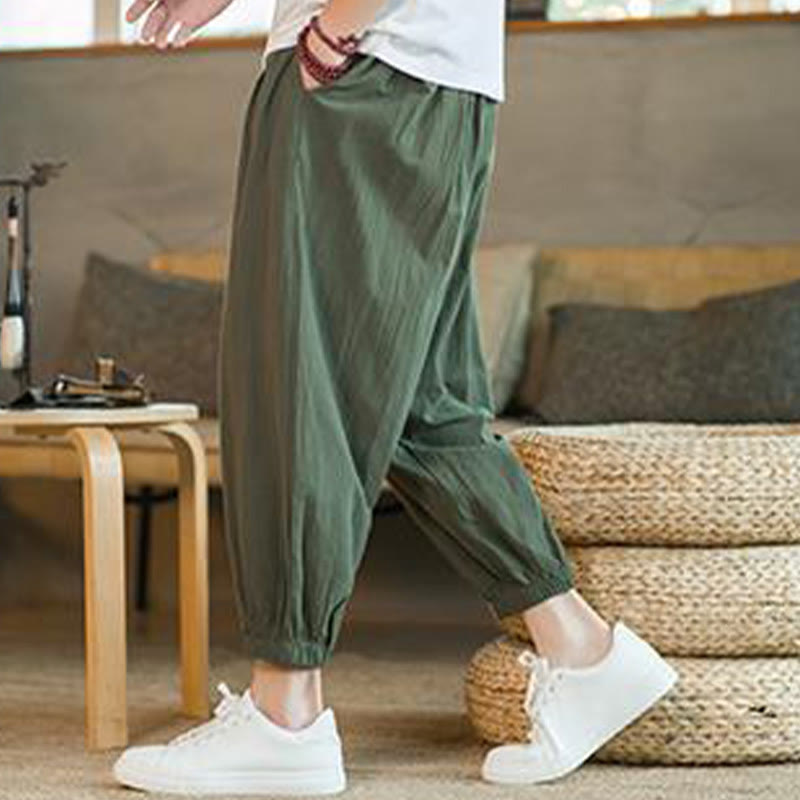 Pantalones de lino con cordón ajustable en color rojo liso y bolsillos para hombre con Buddha Stones - image 8