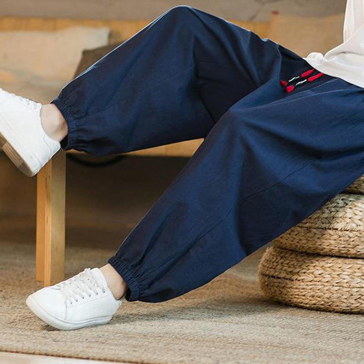 Pantalones de lino con cordón ajustable en color rojo liso y bolsillos para hombre con Buddha Stones - image 36