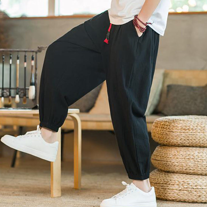 Pantalones de lino con cordón ajustable en color rojo liso y bolsillos para hombre con Buddha Stones - image 15