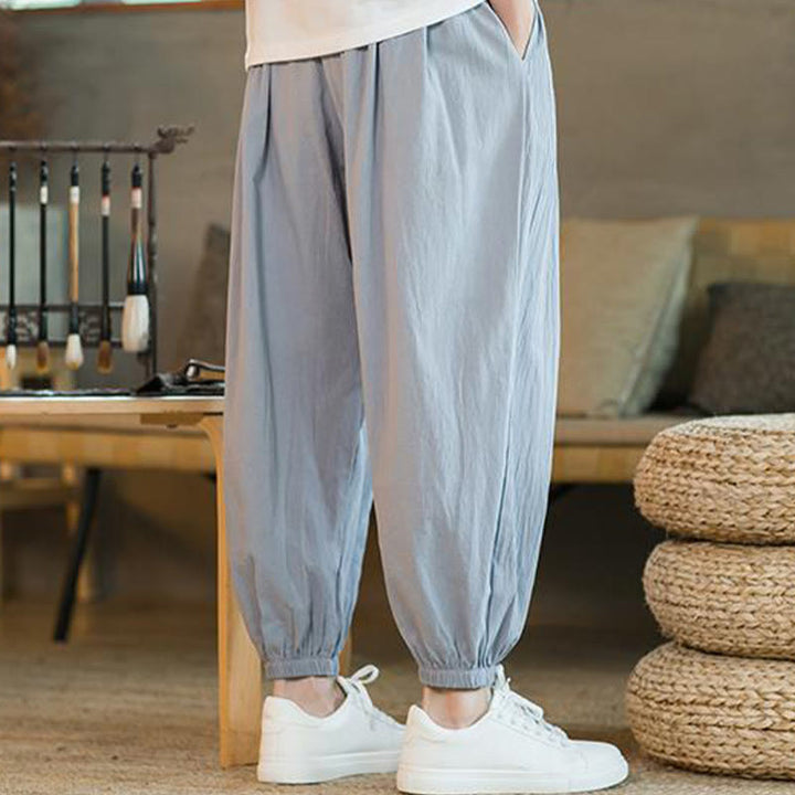 Pantalones de lino con cordón ajustable en color rojo liso y bolsillos para hombre con Buddha Stones - image 29