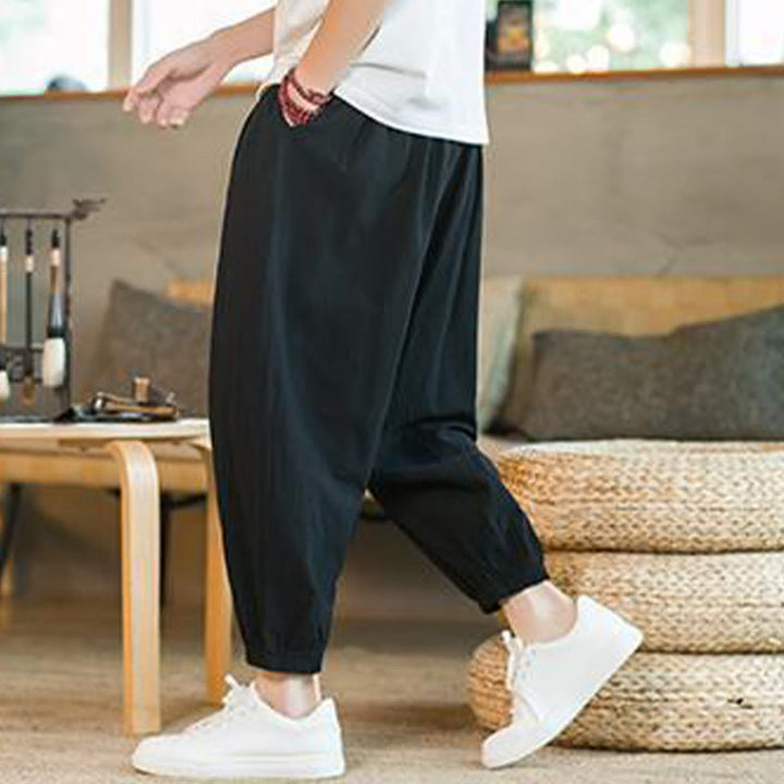 Pantalones de lino con cordón ajustable en color rojo liso y bolsillos para hombre con Buddha Stones - image 17
