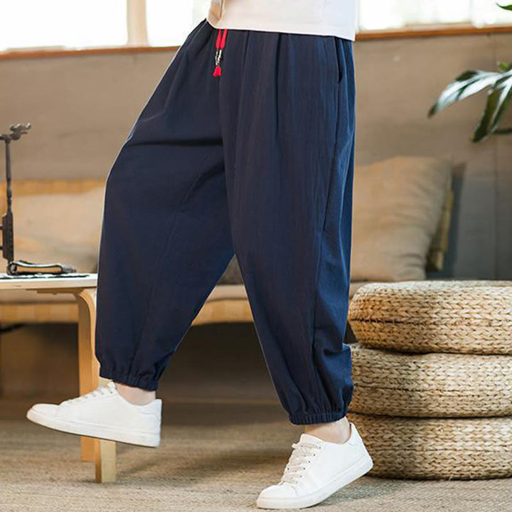 Pantalones de lino con cordón ajustable en color rojo liso y bolsillos para hombre con Buddha Stones - image 35
