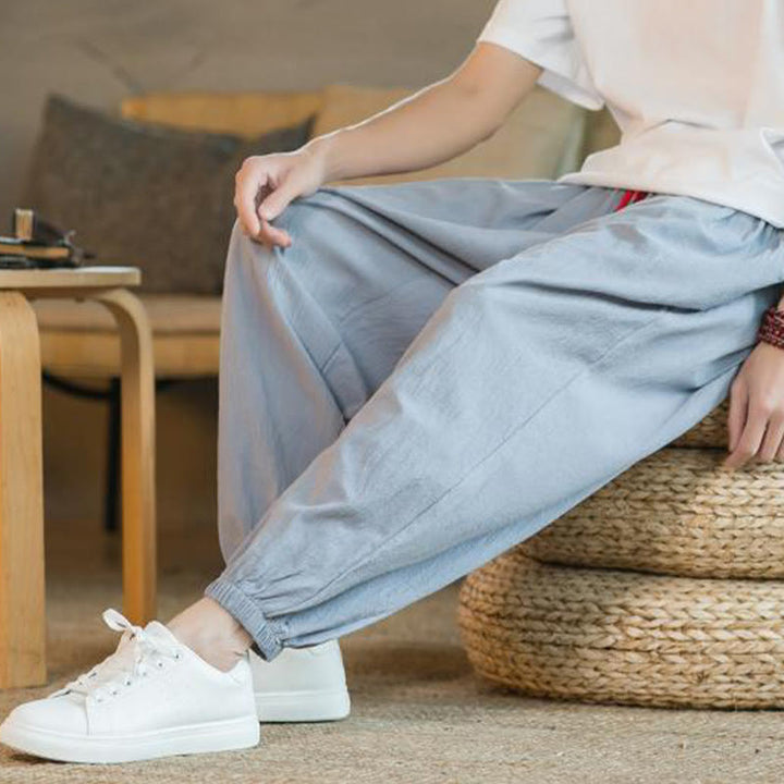 Pantalones de lino con cordón ajustable en color rojo liso y bolsillos para hombre con Buddha Stones - image 26