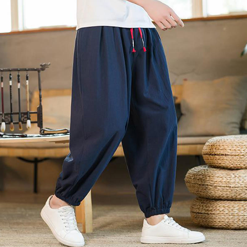 Pantalones de lino con cordón ajustable en color rojo liso y bolsillos para hombre con Buddha Stones - image 33
