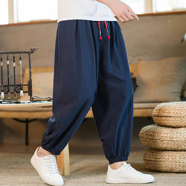 Pantalones de lino con cordón ajustable en color rojo liso y bolsillos para hombre con Buddha Stones - image 33