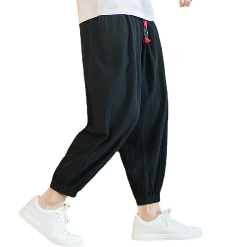 Pantalones de lino con cordón ajustable en color rojo liso y bolsillos para hombre con Buddha Stones - image 22