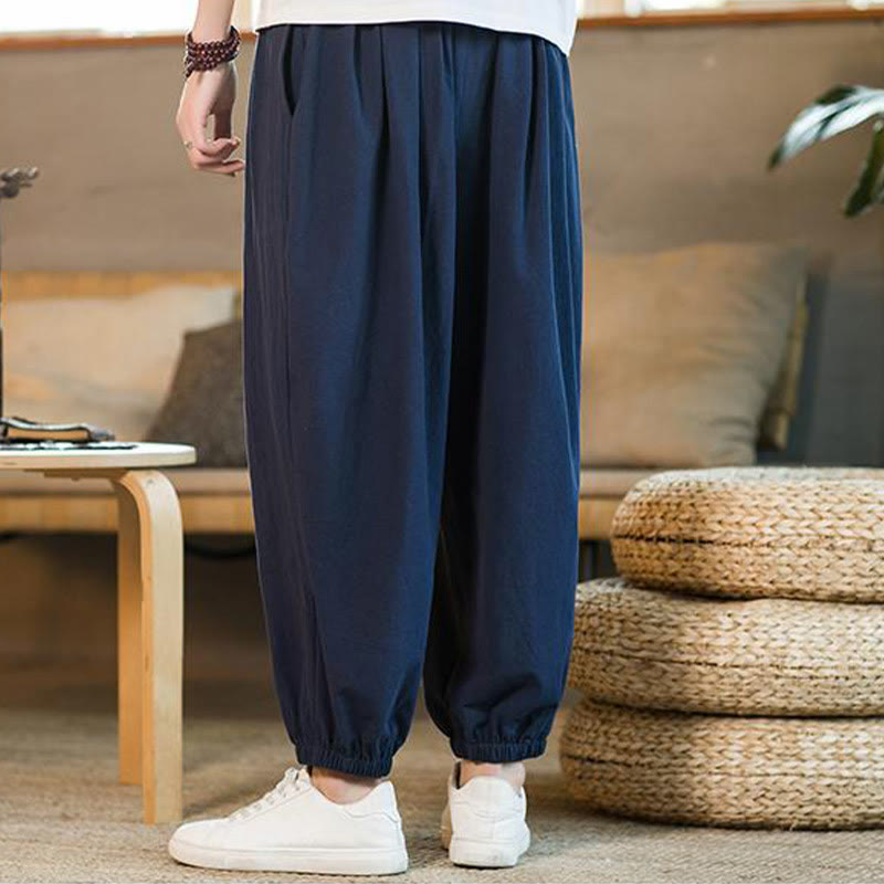 Pantalones de lino con cordón ajustable en color rojo liso y bolsillos para hombre con Buddha Stones - image 38