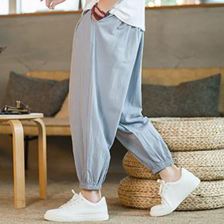 Pantalones de lino con cordón ajustable en color rojo liso y bolsillos para hombre con Buddha Stones - image 27