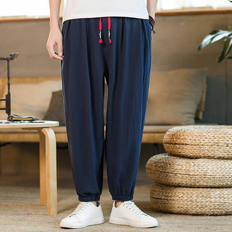 Pantalones de lino con cordón ajustable en color rojo liso y bolsillos para hombre con Buddha Stones - Azul oscuro - US/UK/AU46, EU56 (5XL)  - image 30