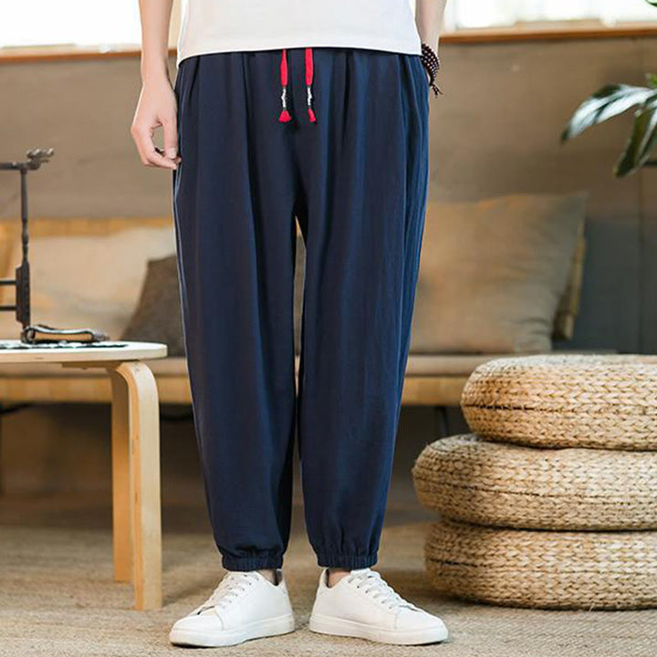 Pantalones de lino con cordón ajustable en color rojo liso y bolsillos para hombre con Buddha Stones - Azul oscuro - US/UK/AU46, EU56 (5XL)  - image 30