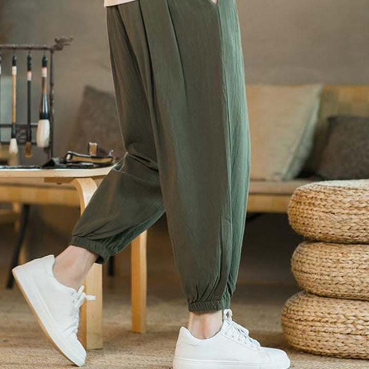 Pantalones de lino con cordón ajustable en color rojo liso y bolsillos para hombre con Buddha Stones - image 10