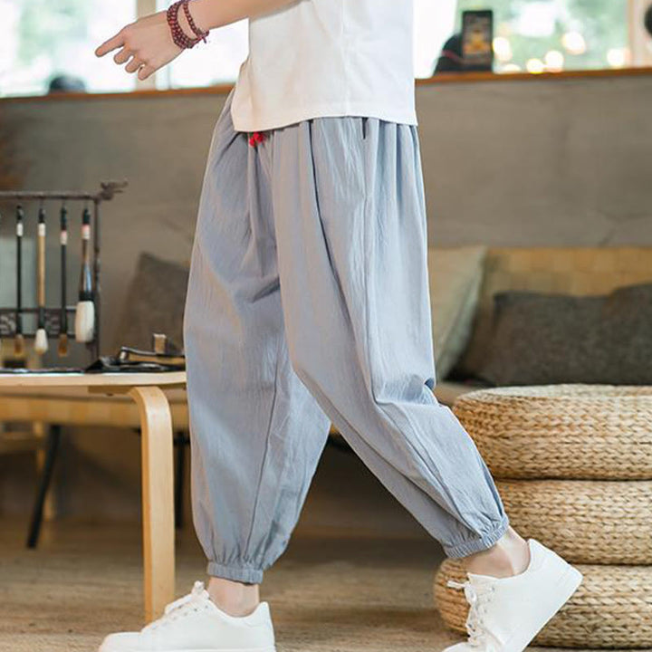 Pantalones de lino con cordón ajustable en color rojo liso y bolsillos para hombre con Buddha Stones - image 28