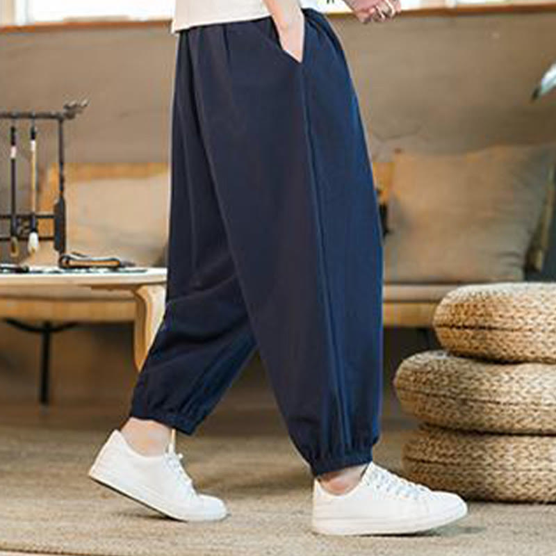 Pantalones de lino con cordón ajustable en color rojo liso y bolsillos para hombre con Buddha Stones - image 37