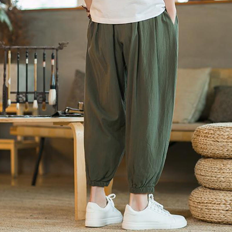 Pantalones de lino con cordón ajustable en color rojo liso y bolsillos para hombre con Buddha Stones - image 5