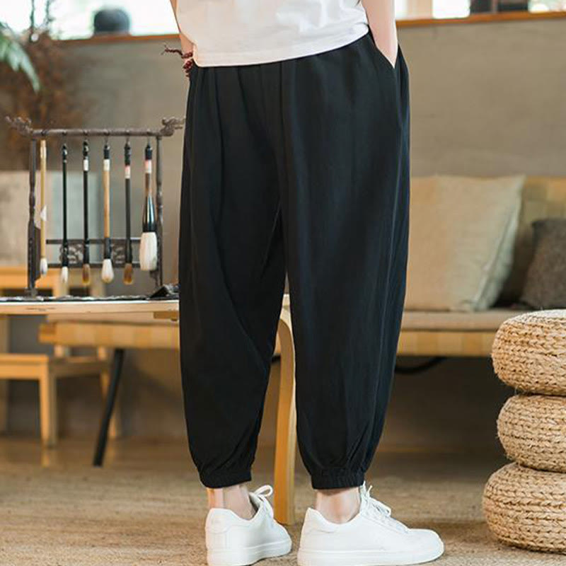 Pantalones de lino con cordón ajustable en color rojo liso y bolsillos para hombre con Buddha Stones - image 20