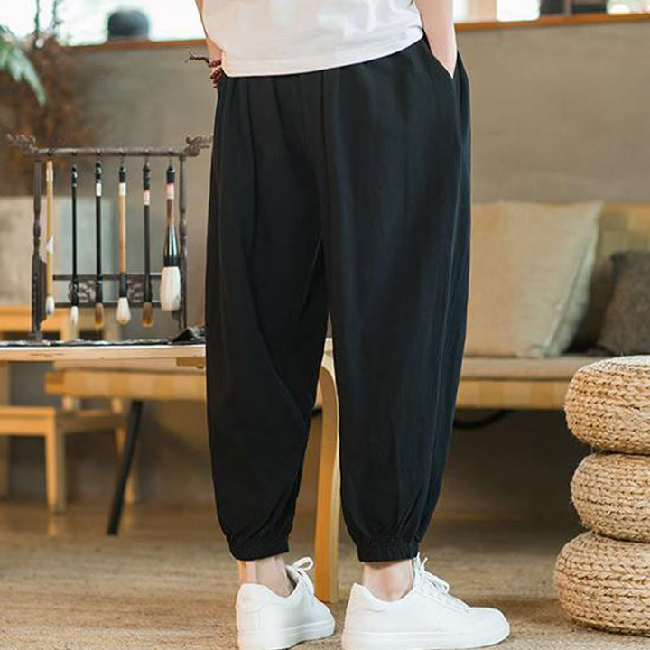 Pantalones de lino con cordón ajustable en color rojo liso y bolsillos para hombre con Buddha Stones - image 20