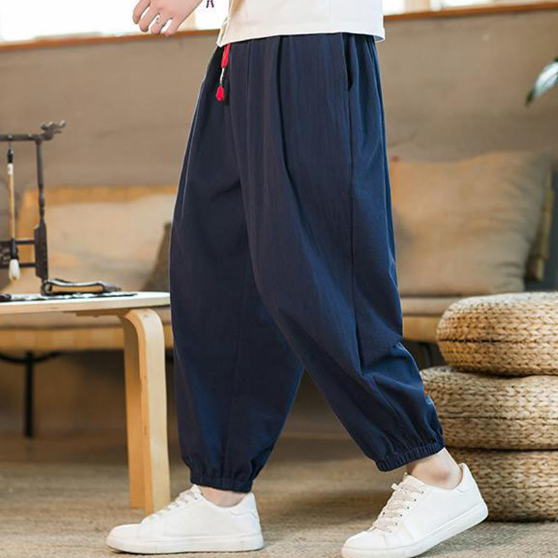Pantalones de lino con cordón ajustable en color rojo liso y bolsillos para hombre con Buddha Stones - image 34