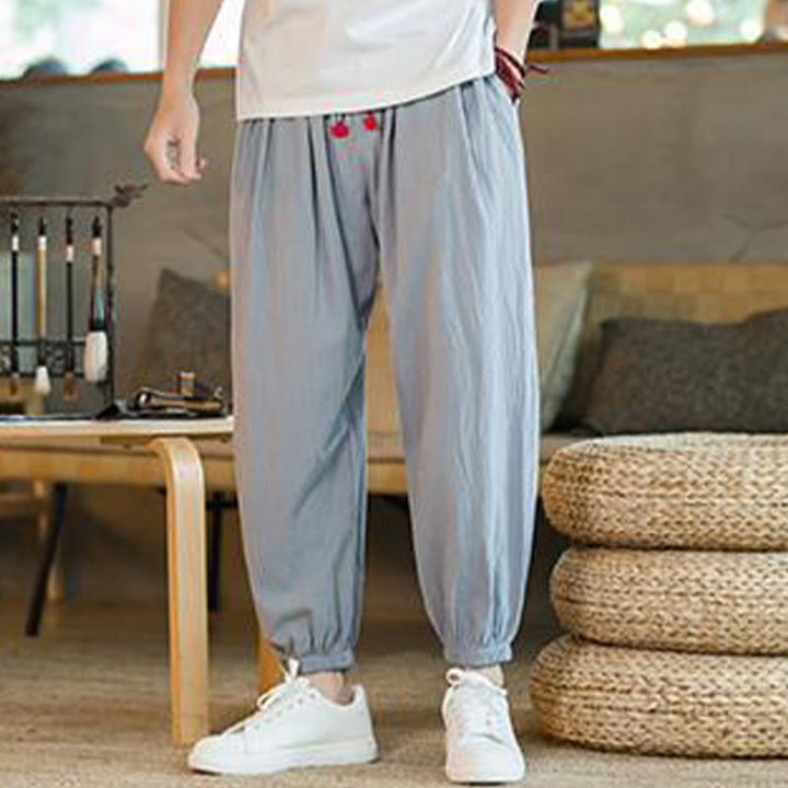 Pantalones de lino con cordón ajustable en color rojo liso y bolsillos para hombre con Buddha Stones - Azul cielo claro - US/UK/AU46, EU56 (5XL)  - image 23
