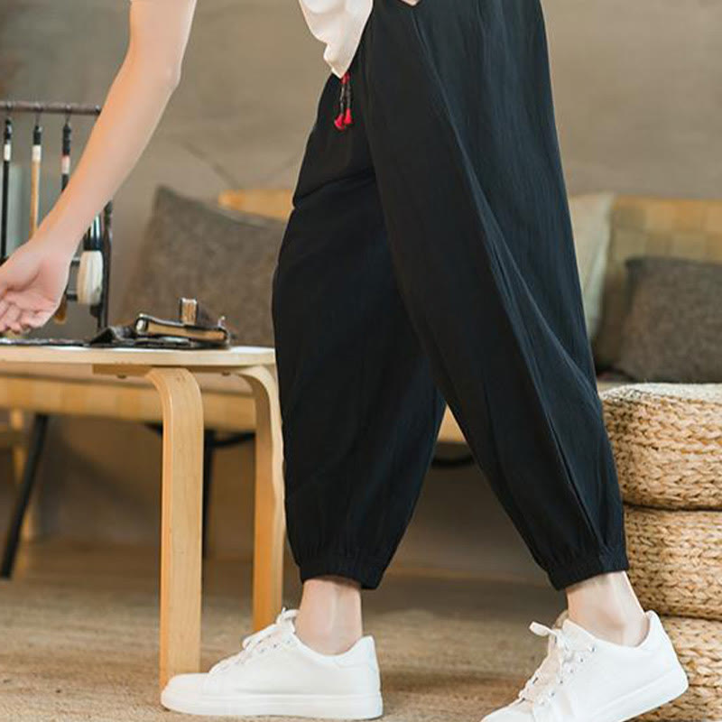 Pantalones de lino con cordón ajustable en color rojo liso y bolsillos para hombre con Buddha Stones - image 16