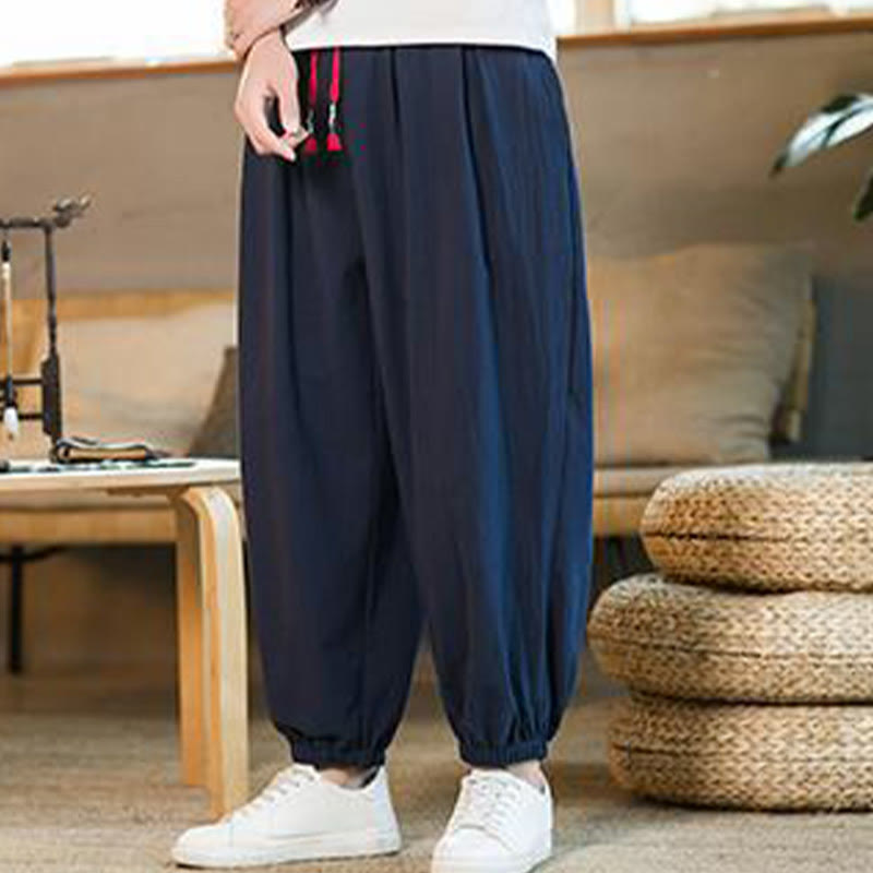 Pantalones de lino con cordón ajustable en color rojo liso y bolsillos para hombre con Buddha Stones - image 32