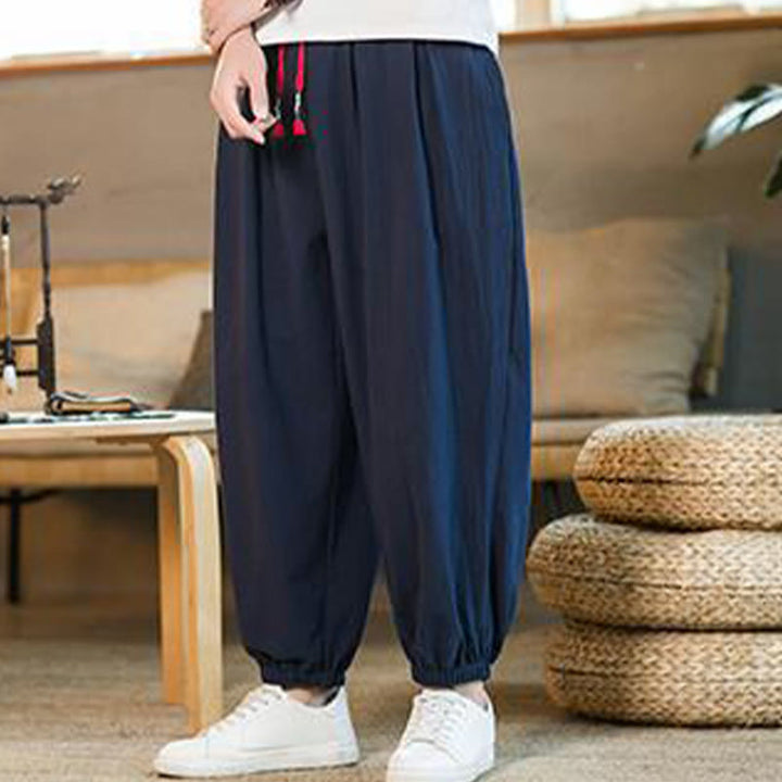 Pantalones de lino con cordón ajustable en color rojo liso y bolsillos para hombre con Buddha Stones - image 32