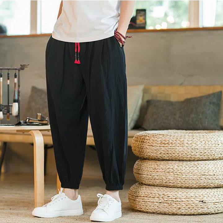 Pantalones de lino con cordón ajustable en color rojo liso y bolsillos para hombre con Buddha Stones - image 13