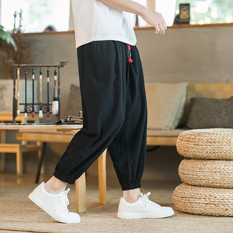 Pantalones de lino con cordón ajustable en color rojo liso y bolsillos para hombre con Buddha Stones - image 19