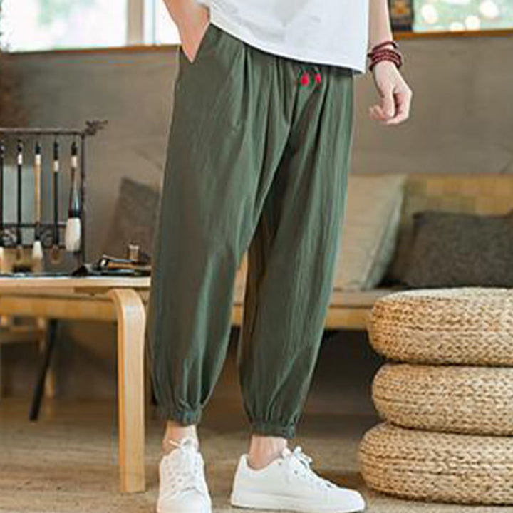 Pantalones de lino con cordón ajustable en color rojo liso y bolsillos para hombre con Buddha Stones - image 4