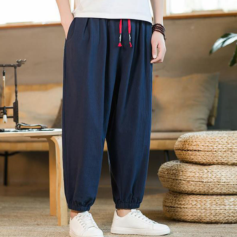 Pantalones de lino con cordón ajustable en color rojo liso y bolsillos para hombre con Buddha Stones - image 31