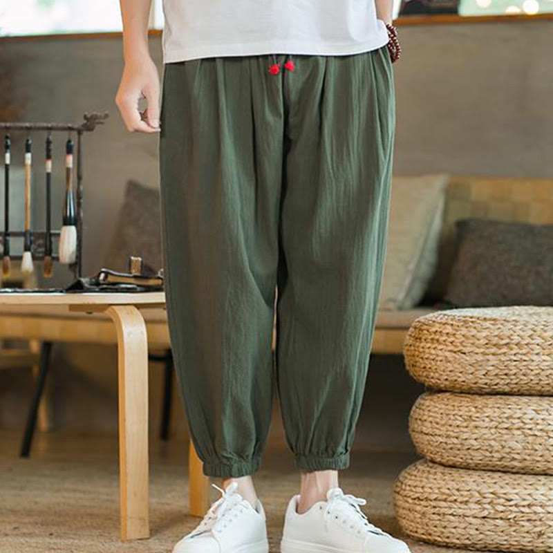 Pantalones de lino con cordón ajustable en color rojo liso y bolsillos para hombre con Buddha Stones - image 1