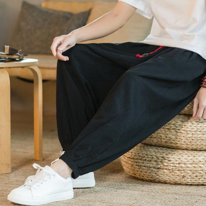 Pantalones de lino con cordón ajustable en color rojo liso y bolsillos para hombre con Buddha Stones - image 21